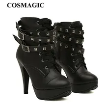COSMAGIC/Новинка года; зимние женские ботильоны черного цвета; мотоботы на тонком высоком каблуке с двойной пряжкой в готическом стиле; ботинки на платформе в стиле панк; Botas Mujer