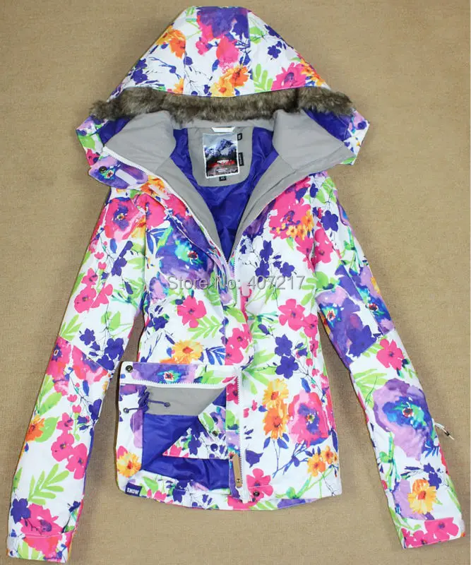 2016 new womens white sunflower ski jacket ladies flowered snowboarding