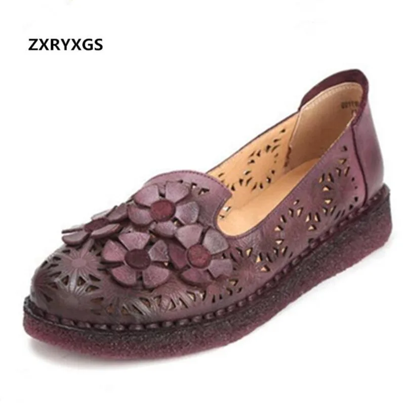 

Hot 2019 New Spring Summer New Hollow Flowers Shoes Flat Genuine Leather Shoes Fashion Casual Shoes Comfortable Wild Women Flats
