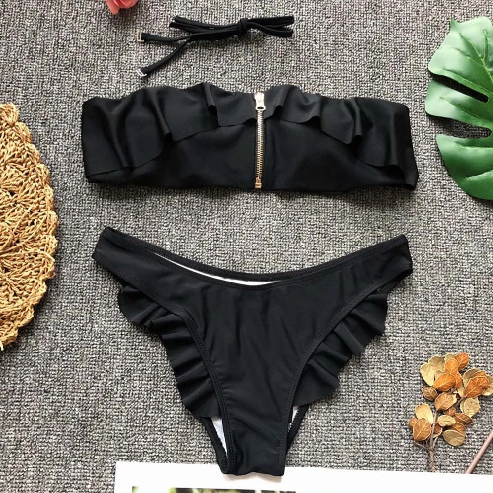 Бикини для женщин бикини 2019 новый купальник на молнии с оборками пуш ап Мягкий