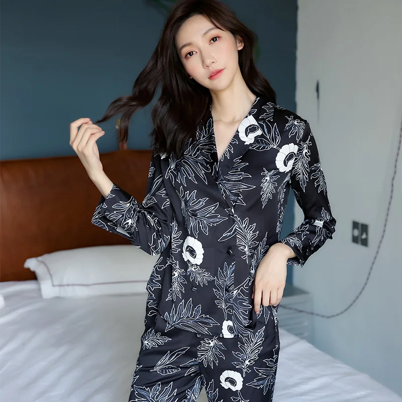 

Spring Korean Long-sleeved Pants Silk Pajamas for Women Black Print Thin Ice Silk Pyjamas Plus Size Pijama Mujer Two-piece Suit