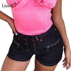 Liooil 2019 Плюс Размер Drawstring шорты женские повседневные хлопковые сексуальные Rave Jean Короткие Модные, средняя посадка молния шнуровка