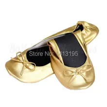 Стиль Женщины хороший rollable золотые туфли плоским балерина обувь с лук для клуба