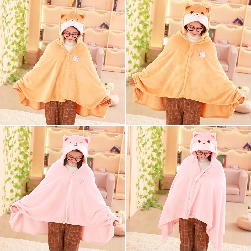 

candice guo! Super cute plush toy funny expressions shiba Akita dog soft hooded cloak nap blanket shawl girls birthday gift 1pc