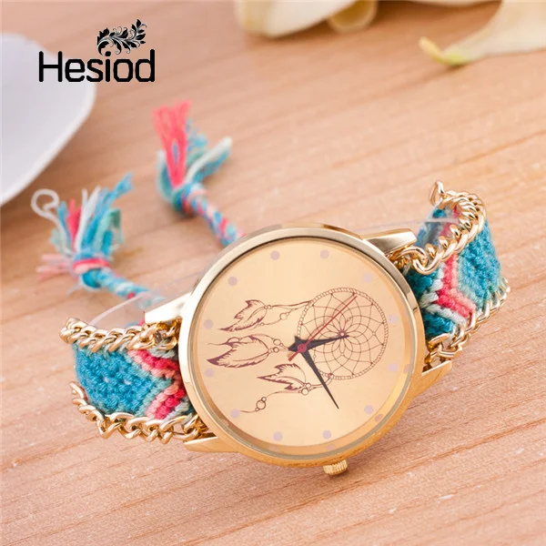 

Handmade DIY Weave Straps Catcher Patterns Woolen Watches Lady Girl Dress Quartz Wrist Watches Gold Color Big Dial Watches Kids