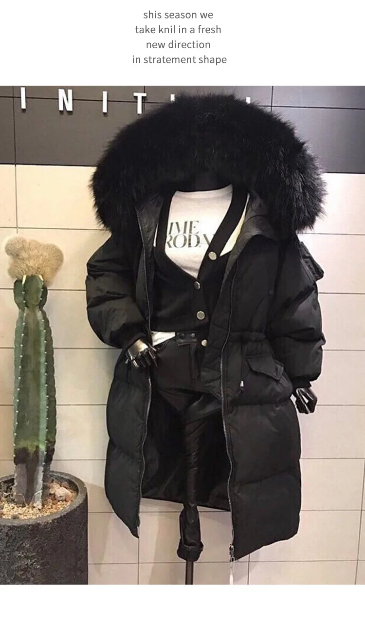 Новое поступление свободные стильные высококачественные зимние длинные женские пальто на утином пуху теплая Толстая русская верхняя одежда большой настоящий капюшон из меха енота