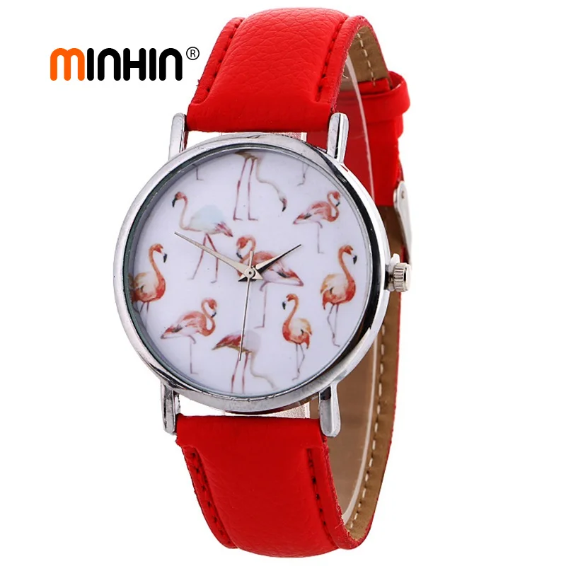 

MINHIN Multi Flamingos Dial Silver Watches For Women Casual Lovely Birds PU Leather Quartz Wrist Watches Clock Relojes