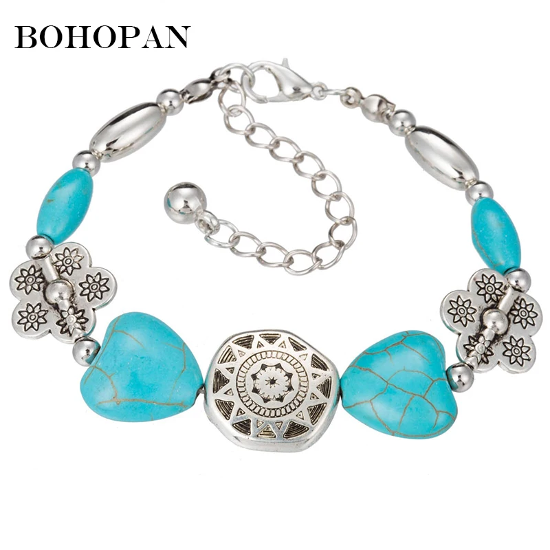 

Boho Blue Beaded Bracelet Bangle Silver Chain Women Charm Bracelets For Women Adjustable Chain Girl Pulseira Feminina Party Gift