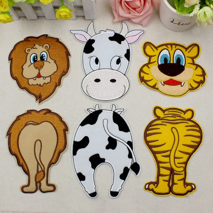 

Big Cartoon animal patch Embroidered sticker,Fun tiger lion cow head butt DIY Iron On cloth child baby party costume decorations