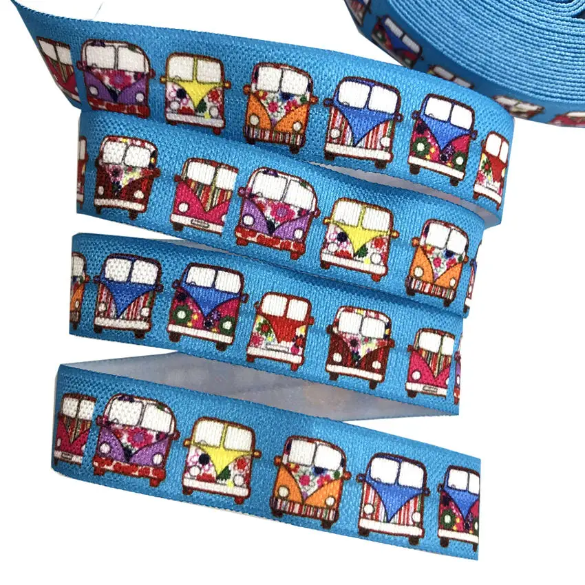 

16mm Colorful bus Car Print Fold Over Elastic Blue FOE Ribbon Diy Sewing Bows Party Decoration Gift Wrap 10 yards