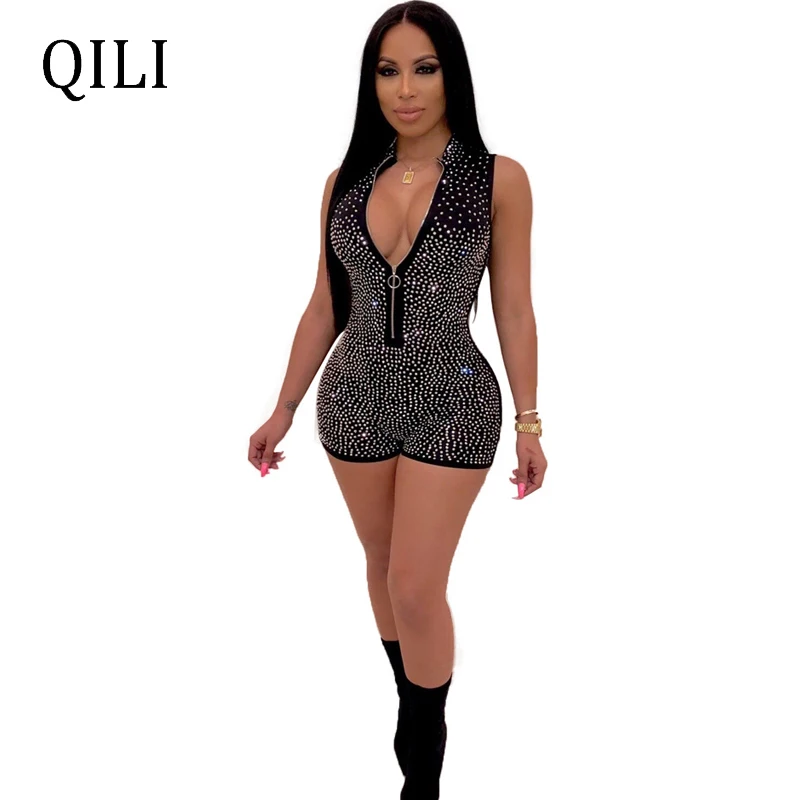 

QILI Women Diamonds Rhinestone Rompers Black Blue Zipper Short Jumpsuit Overalls Summer Womens Fashion High Street Wear Paysuits
