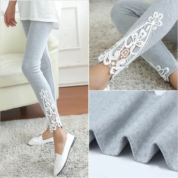 

YSDNCHI Newly Hollow Design Women Leggings Lady Autumn Cotton Leggings Side Leg Triangle Lace Solid Pants Black Grey Elastic
