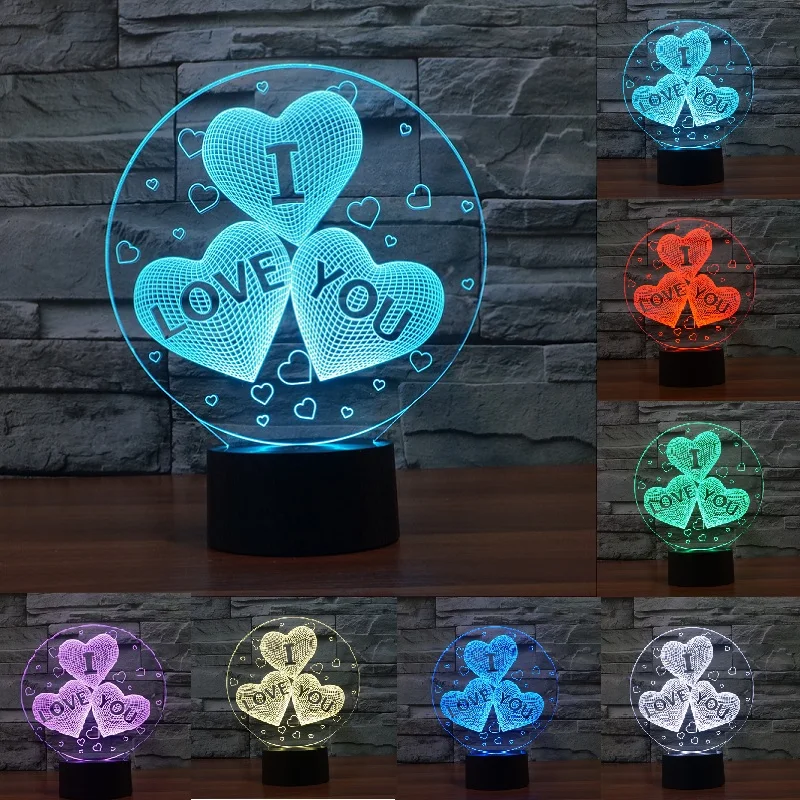 Acrylic 7 Color Changing USB charge 3D HEART I LOVE YOU LED night light with 3D