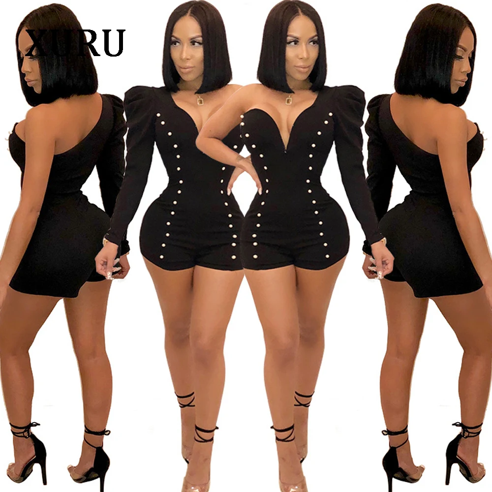 XURU One Shoulder Women Jumpsuit Rompers Long Sleeve One Sleeve Beading V-Neck Solid Rompers Blue Green Black Womens Overalls