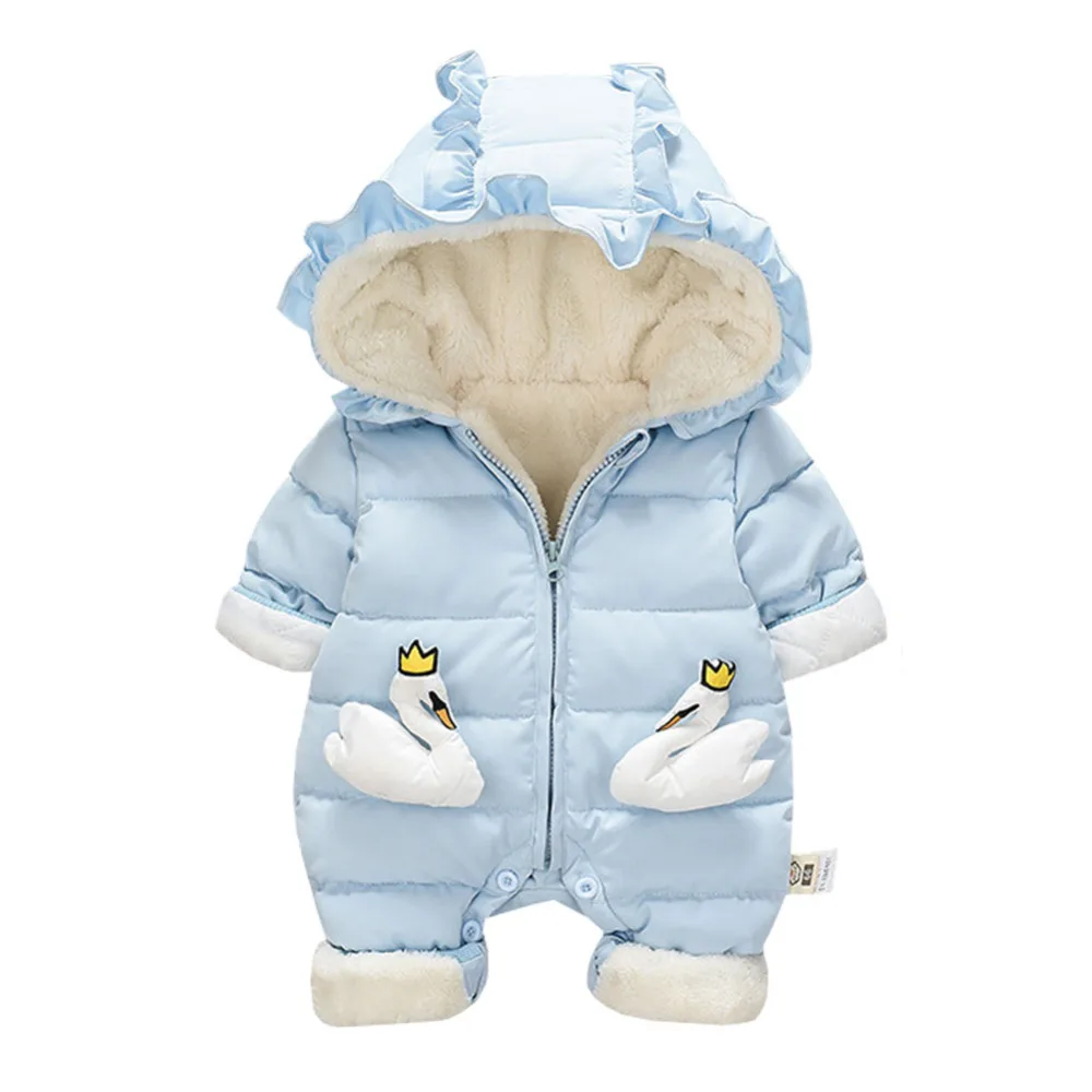 

Baby Girls Romper Winter Thick Warm Cartoon Swan Ruffle Ruched Hoodie Newborn Baby Outwear
