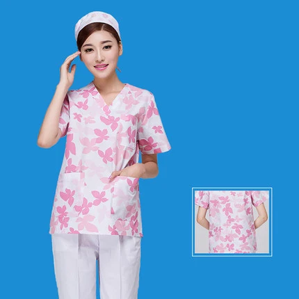 V-образным вырезом медицинские наборы для скраба хирургические халаты доктора медсестры униформа одежда рабочая одежда для больниц комбинезоны одежда лабораторные пальто и брюки - Цвет: women pink flower