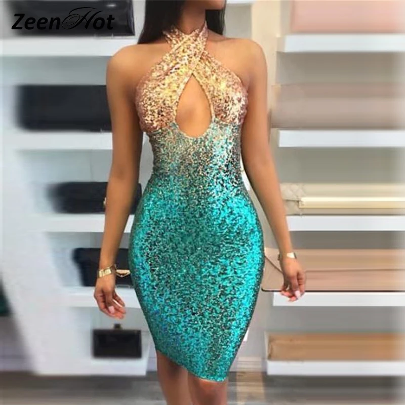 Sexy Sequin Dress Spring And Summer Sleeveless Fashion Halter Backless Dresses Evening Party Dress Vestidos