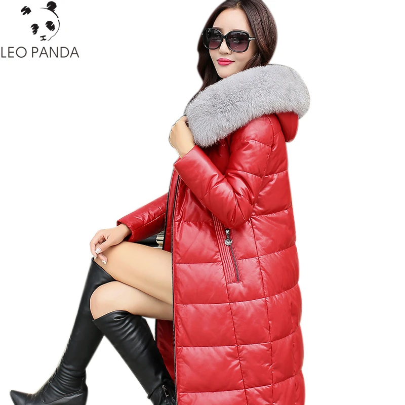 

Plus Size 5XL Winter Women Down Jacket Warm Hooded Female Coat Thicken Fox Fur Collar Slim Long Casual Genuine Leather Parka