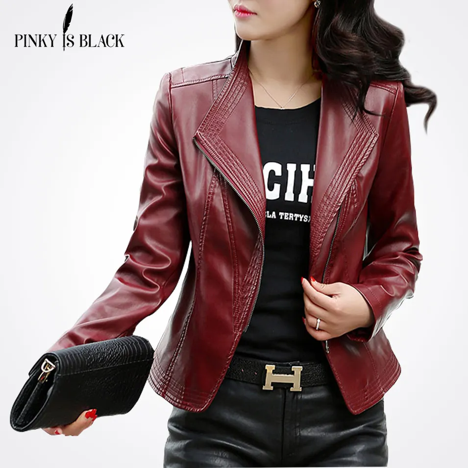 

Pinky Is Black Women Leather Jacket 2019 New Plus Size S-5XL Women Jackets Solid Slim Casual PU Leather Motorcycle Jackets Coats