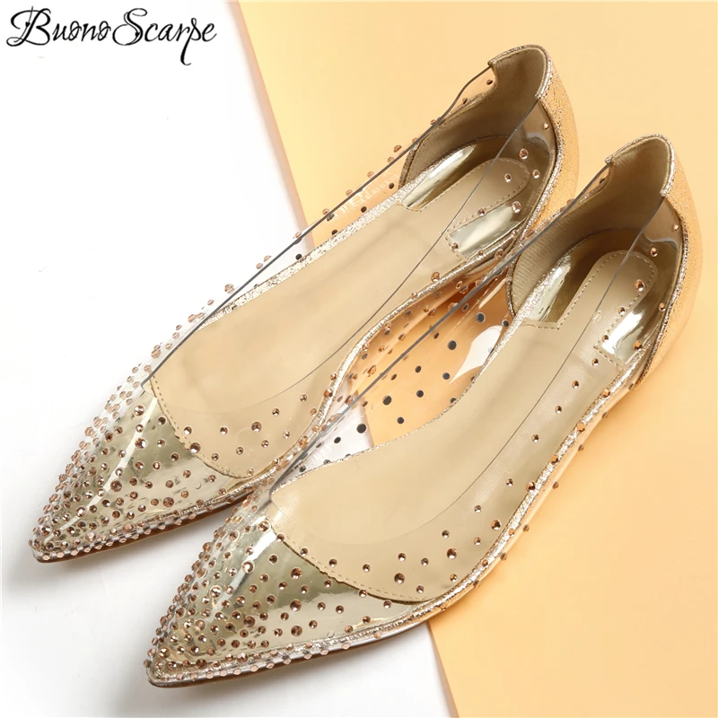 Buono Scarpe/прозрачные свадебные туфли на плоской подошве с острым носком украшенные
