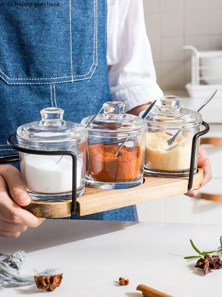 

Transparent Glass Seasoning Jar and Tray Spice Rack Salt and Pepper Spice Jar Kitchen Tools Seasoning Bottle Cooking Tools
