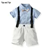 Partes de arriba para recién nacidos, conjunto de verano para bebés, camisa de manga corta a rayas con pajarita + monos, 2 uds. ► Foto 1/6