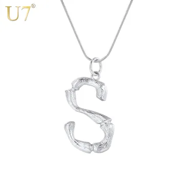 

U7 Initial 3D Bamboo Pendant Necklaces Gift for Men / Women Snake Chain Alloy Jewelry 26 Letters A-Z Necklace Silver Color P1212