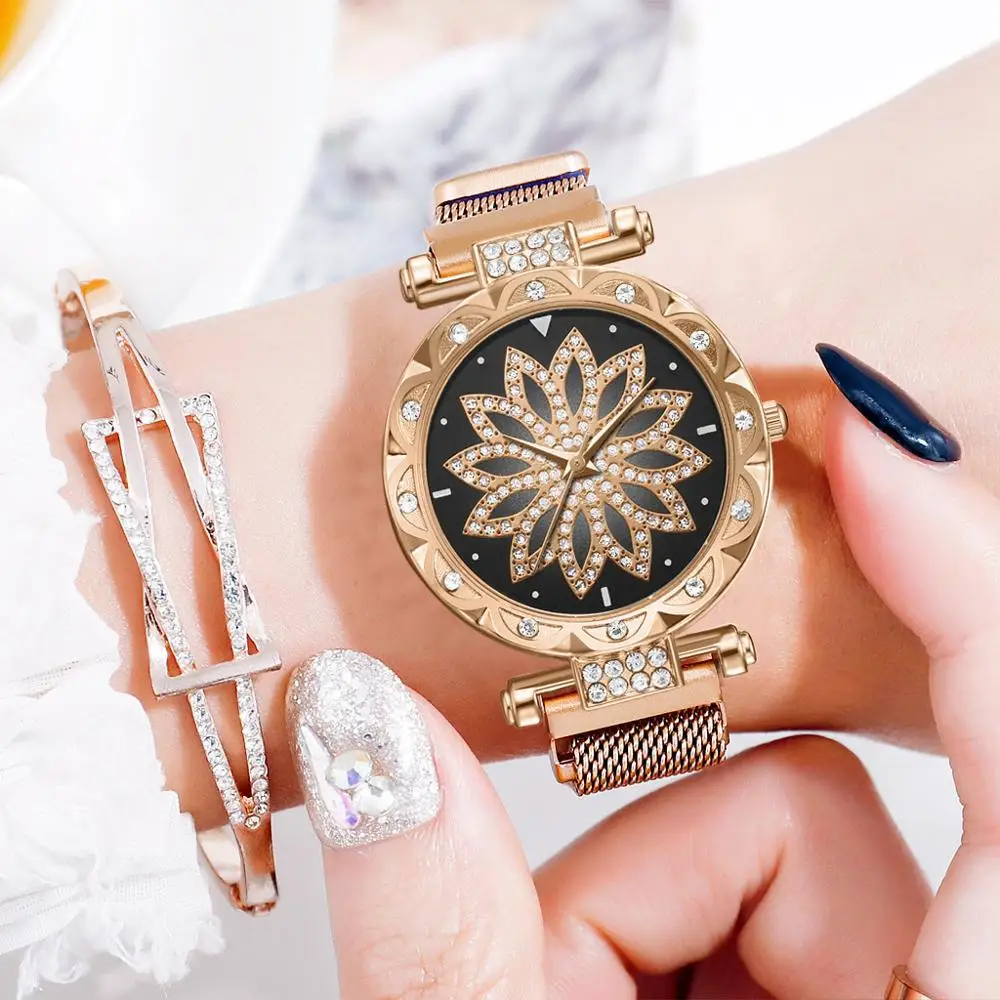 

Women Magnetic Watch Rose Gold Lucky Flower Watch Luxury Diamond Ladies Dress Crystal Quartz Clock Waterproof Female Wristwatch
