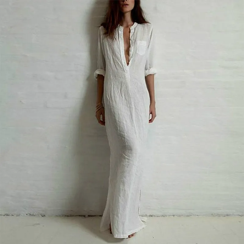 

Fashion Long Sleeve Vestidos 2019 Spring Autumn Women Split Sexy Casual Dress O Neck Solid Long Maxi Dress