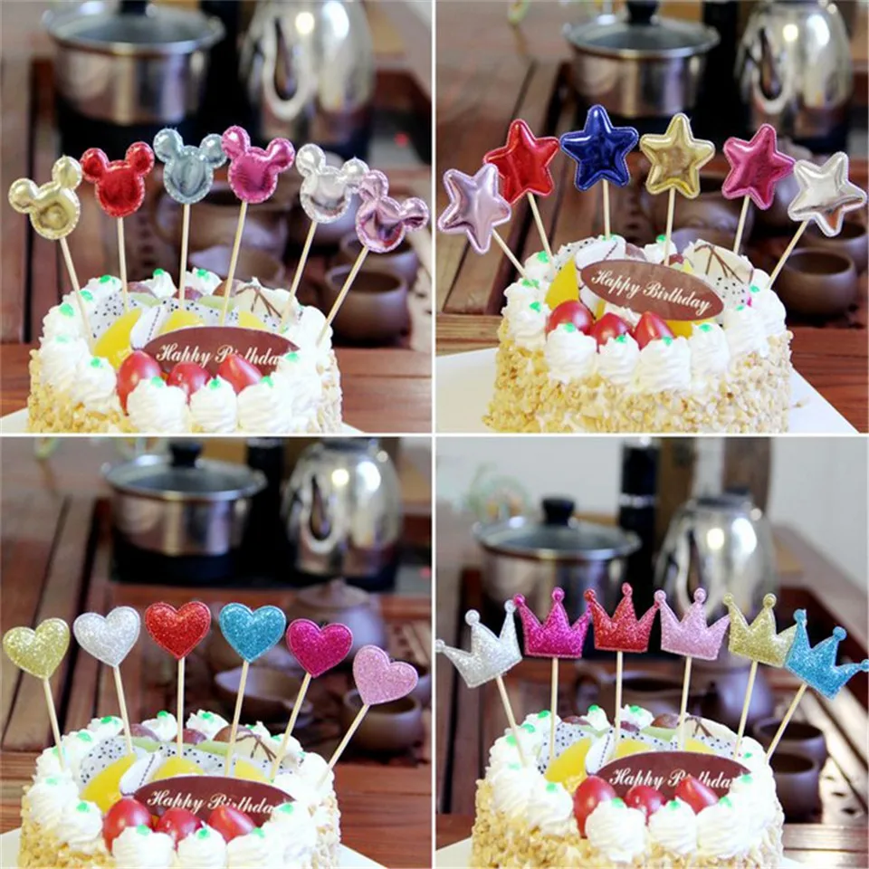 6pcs/set Colorful Crown Heart Star Theme Flag Cupcake Cake Toppers
