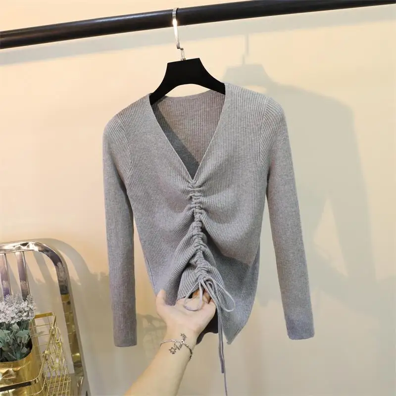 Casual Lace Up Knitted Sweater Women Skinny Slim Knitting Pull Femme Jumper Crop Top Winter Sweater Tricot Pullover Candy Colors (21)