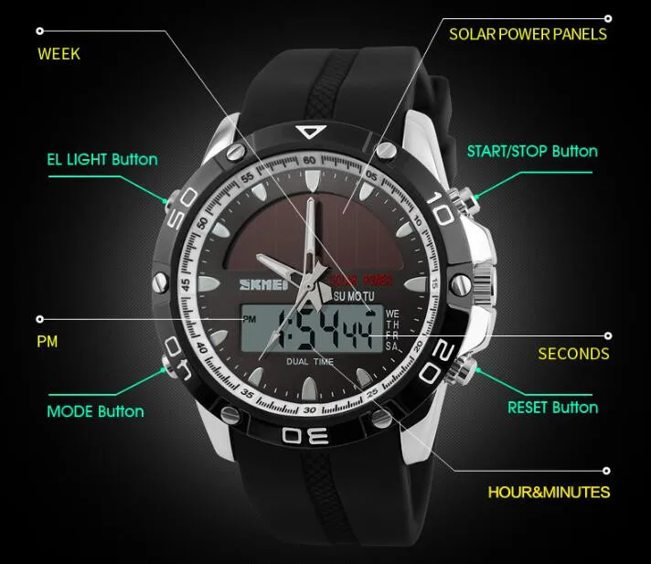 Watches Men Waterproof Solar Power Sports Casual Watch Man Men's Wristwatches 2 Time Zone Digital Quartz LED Clock Men