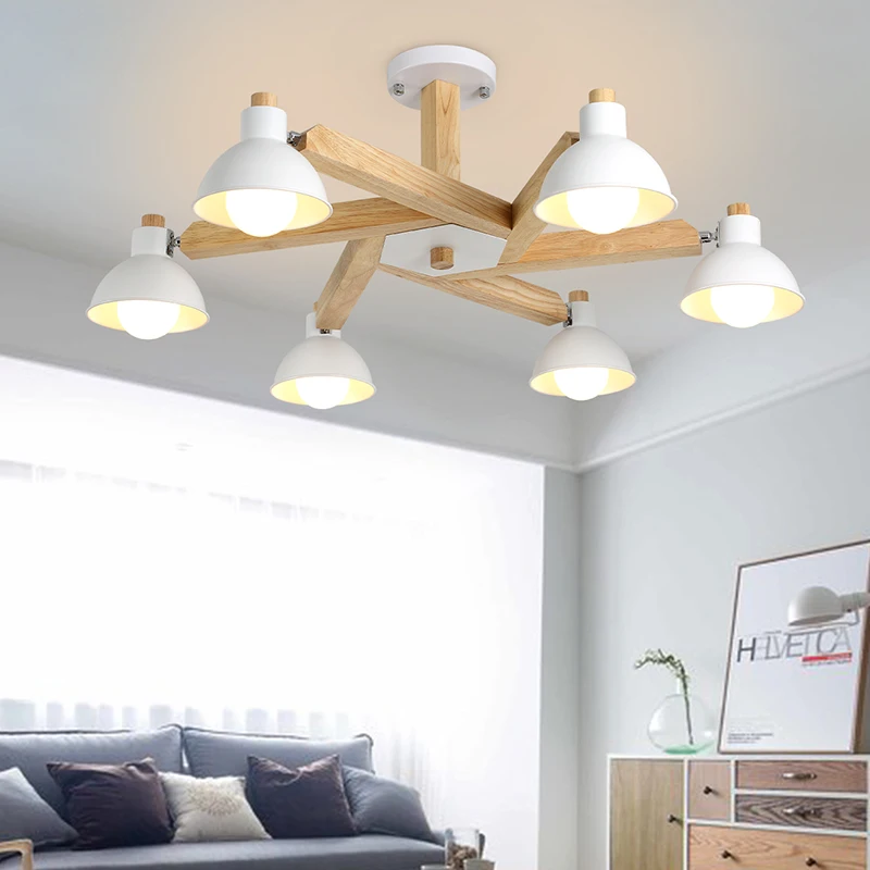

Nordic fashion simple solid wood lamp dining room living room clothing shop black / white iron pendant lights 3/5/6 heads