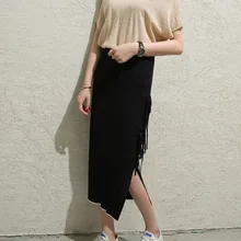 Летняя женская повседневная юбка с высокой талией, трикотажная ткань, одноцветная, тонкая, со шнуровкой, до середины икры, женские черные юбки до колена, одежда