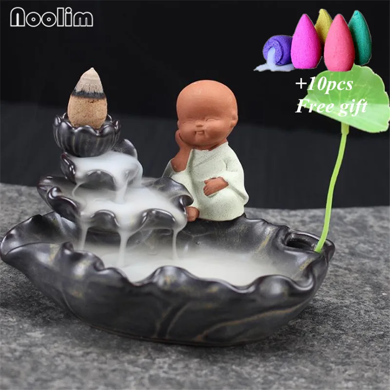 

Little Monk Backflow Incense Burner Ceramic Lotus Waterfall Incense Holder Home Decoration Zen Buddhist Censer+10pcs Free Cones