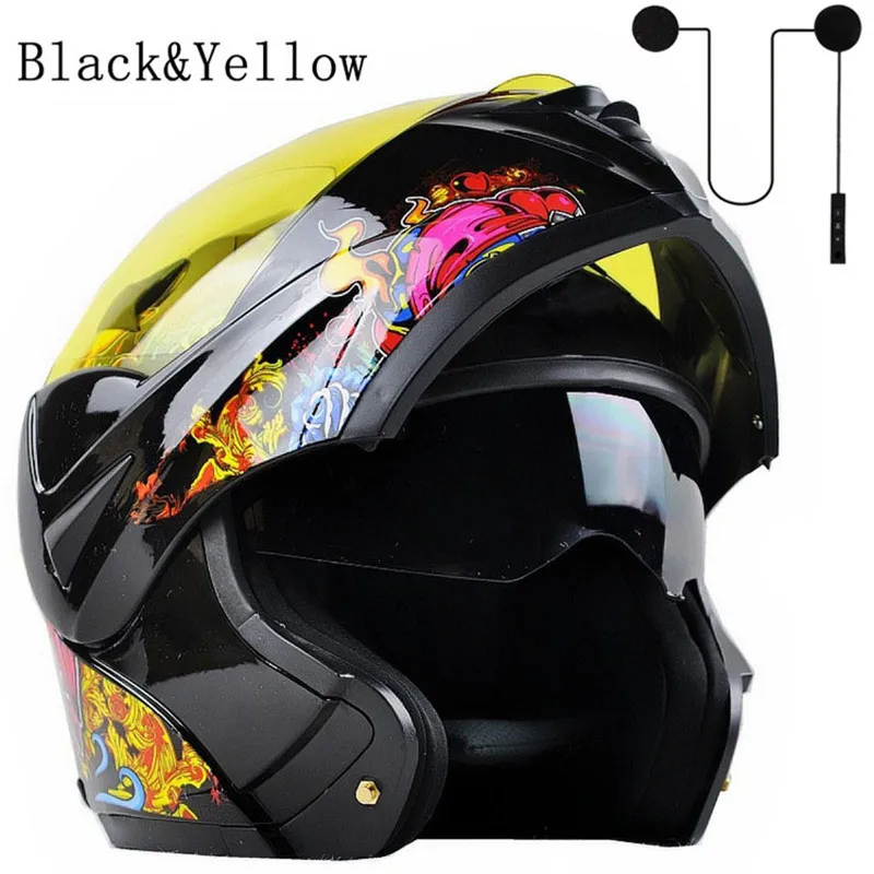 Мотоциклетный Bluetooth шлем из углеродного волокна с двойным козырьком в горошек модульный флип-кейс для мотокросса уличный велосипед+ гарнитура - Цвет: black yellow set