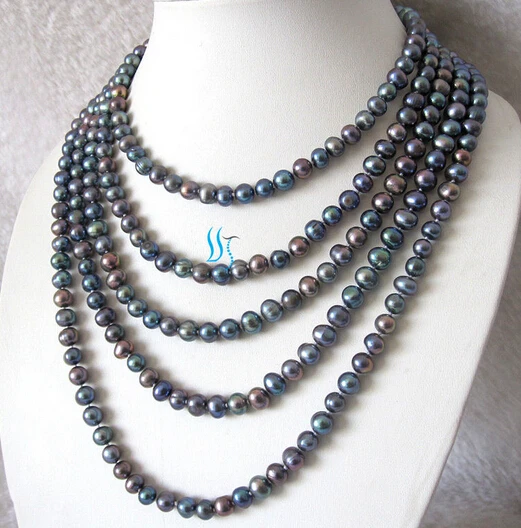 

FREE SHIPPING>>>@@ AS1906 100" 6-8mm Peacock Freshwater Pearl Strand Necklace Cultured