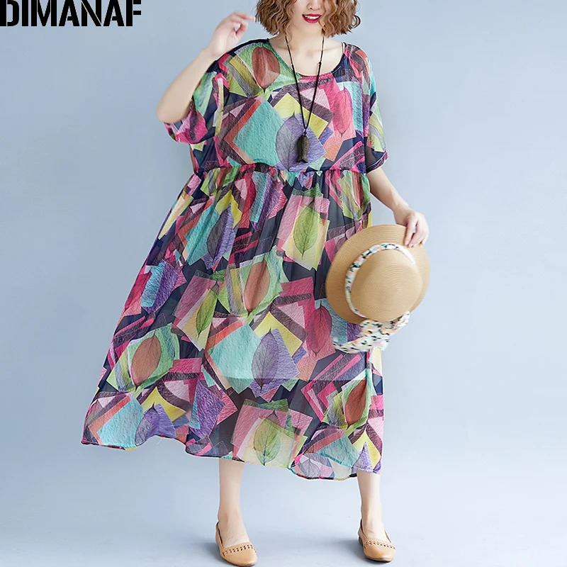 

DIMANAF Women Dress Summer Plus Size Chiffon Beach Holiday Vestidos Femme Elegant Lady Sundress Large Clothing 2018 With Lining