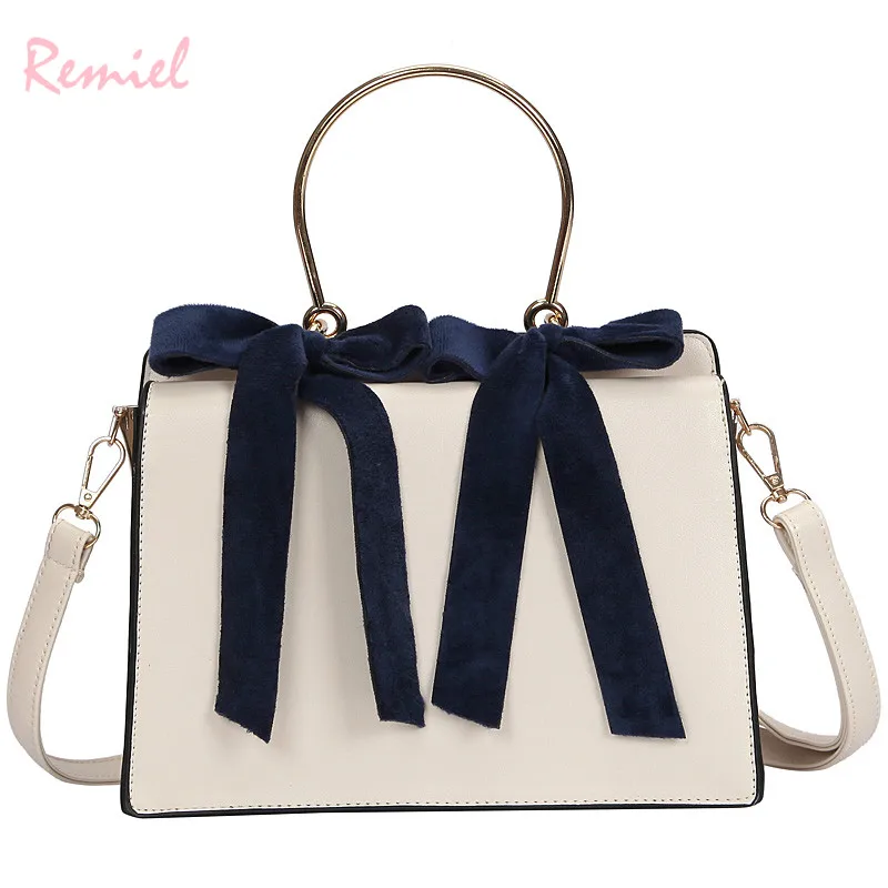 

Simple Fashion Female Metal Ring Tote bag 2018 New Quality PU Leather Women's Designer Handbag Ribbon Bow Shoulder Messenger bag