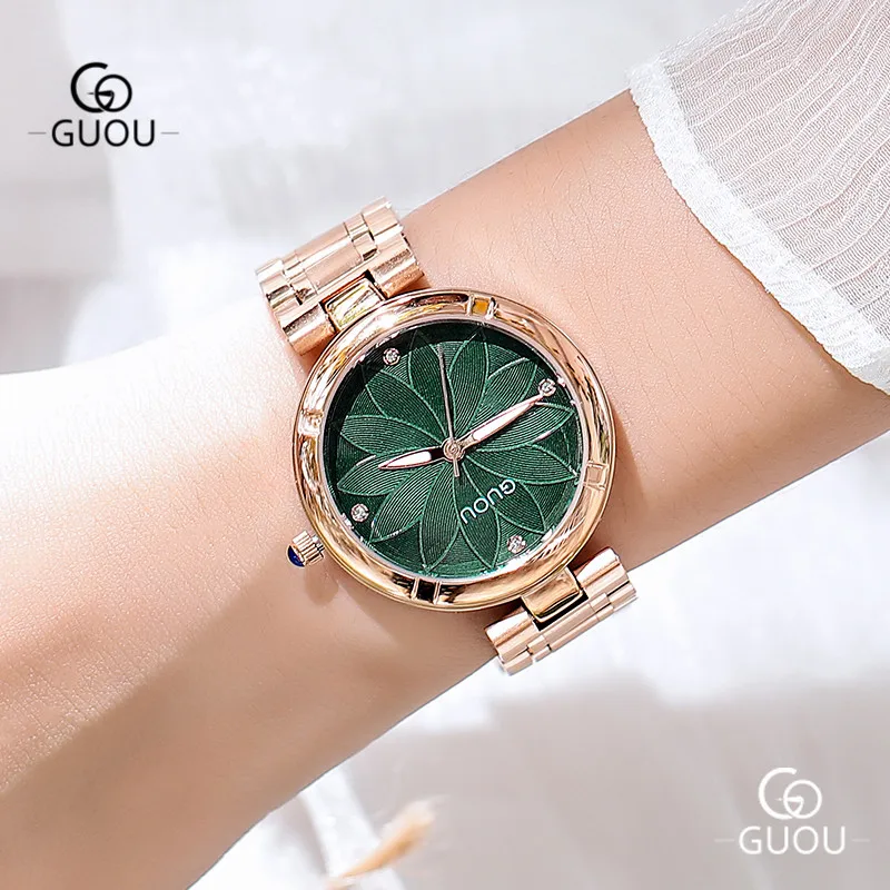 

GUOU Women Quartz Watches Purple Flower Dial Ladies Wristwatches Waterproof Gold Plated Steel Band Female Clock Watch Gift 6006G