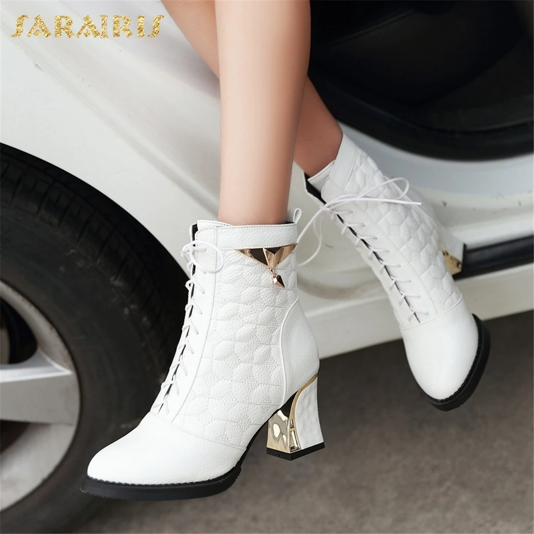 

SARAIRIS Plus Size 34-48 Square High Heels Lace Up Boots Woman Shoes Hot Sale Metal Decoration Shoes Woman Ankle Boots