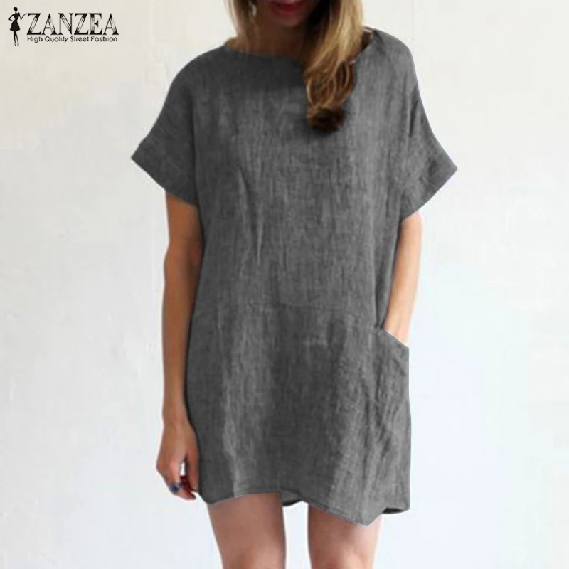 2019 сарафан с короткими рукавами ZANZEA женское Повседневное платье-рубашка с круглым вырезом летние винтажные однотонные вечерние короткие