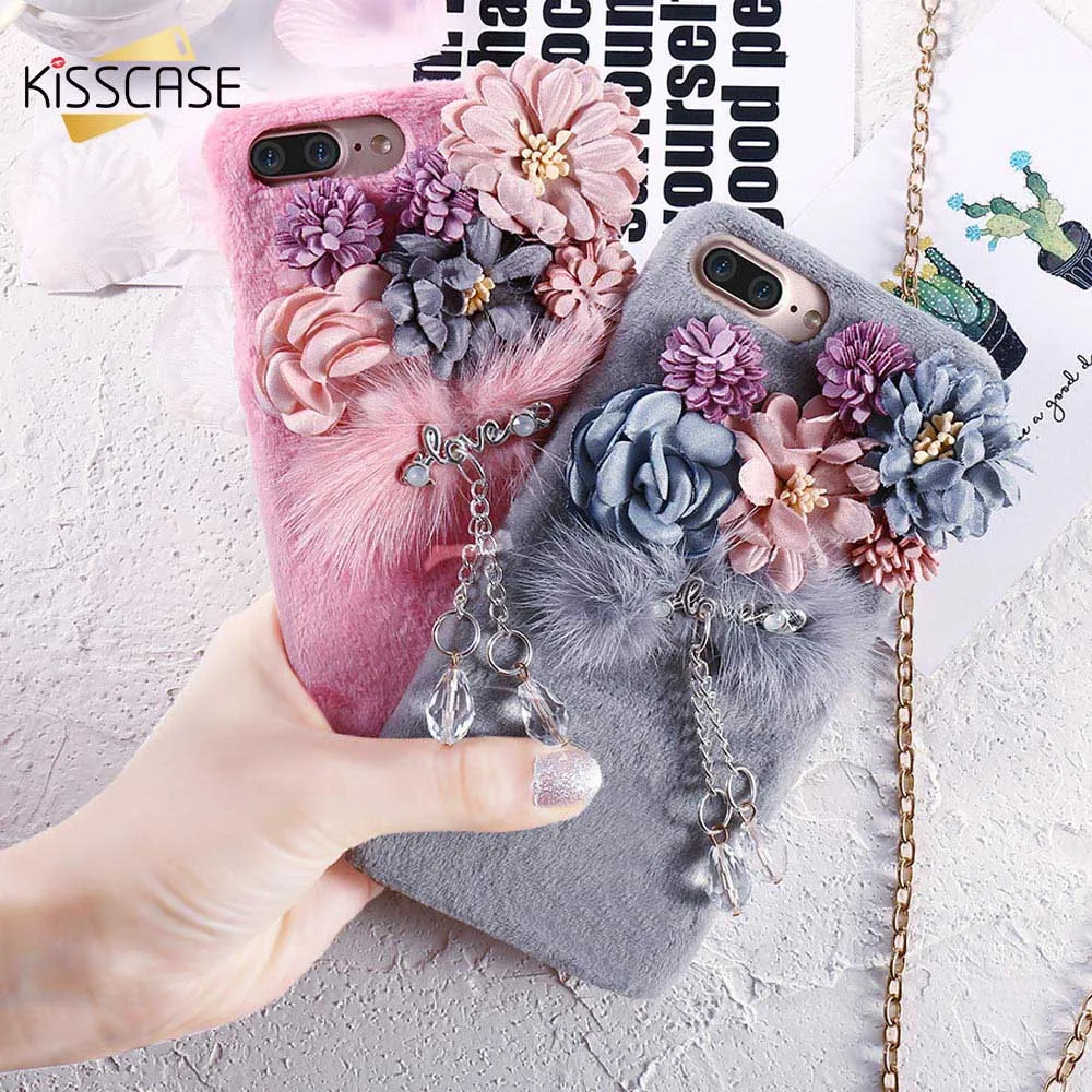 

KISSCASE Flower Plush Mink Fur Case For iPhone 6s 6 7 8 Luxury Bling Diamond Furry Cases For iPhone 8 7 6S 6 Plus Hard PC Cover