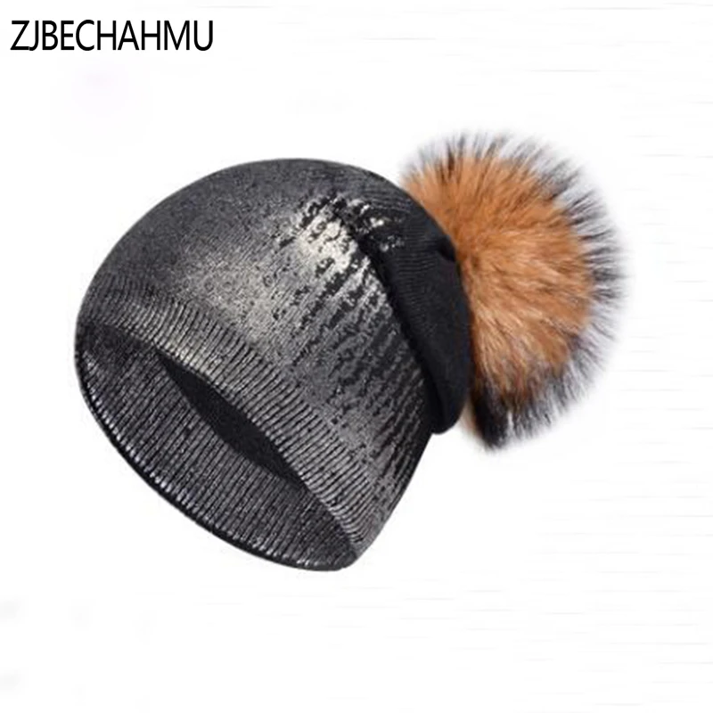 

Spring Fashion Real Fox Fur Raccoon Pompoms Hats For Women Girl Winter Wool Solid Warm Skullies Beanies Hat Apparel Accessories