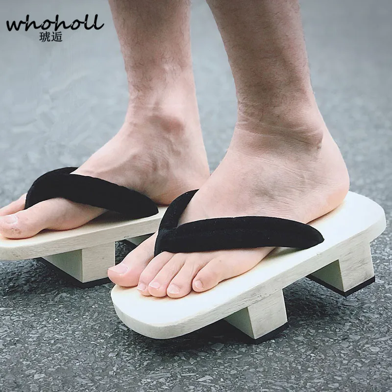 

WHOHOLL Original Geta Man Flip-flops slides cosplay White Wooden Two-teeth Japanese Clogs Takashi Male Kimono Slippers Shoes