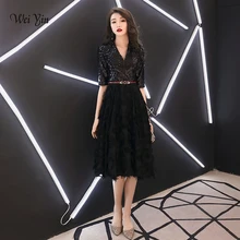 Weiyin Черные Короткие вечерние платья а-силуэта кружевные женские модные вечерние платья с v-образным вырезом и рукавом средней длины WY1275