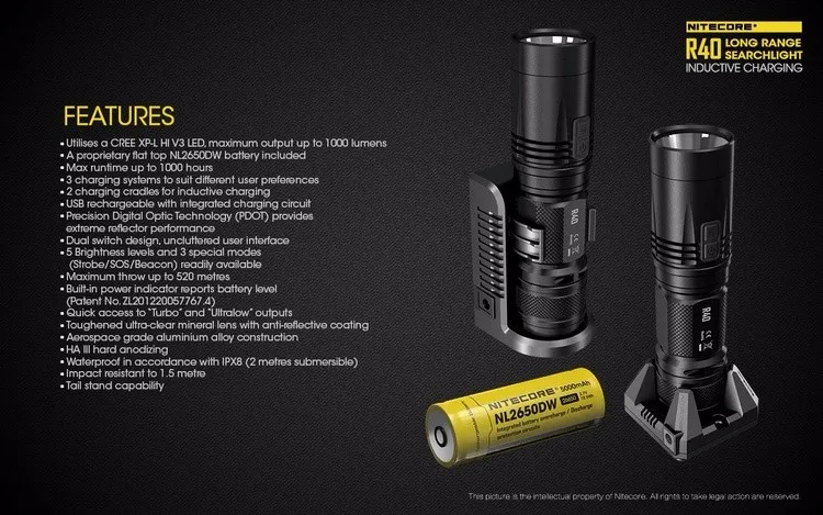 NITECORE R40 Flashlight XP-L HI max 1000 lumen beam distance 520 meter tactical torch with Rechargeable battery charger cradle