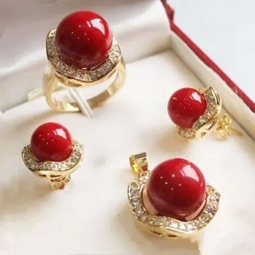 

wedding red shell pearl crystal 18k gp pendant chain earring ring jewelry set 5.23 5.23