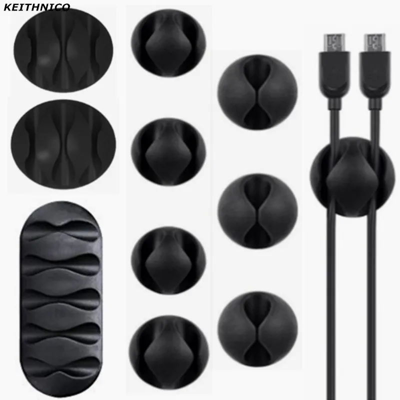 Black Durable Silicone Self-Sticking Desktop Cable Winder Cord Organizer Protector Cable Sleeves 