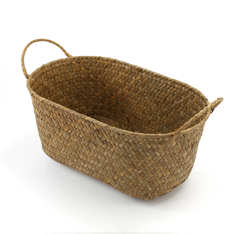 WHISM Handmade Woven Storage Basket Straw Food Container Makeup Organizer Rattan Bread Fruit Case Holder Seagrass Wicker Basket